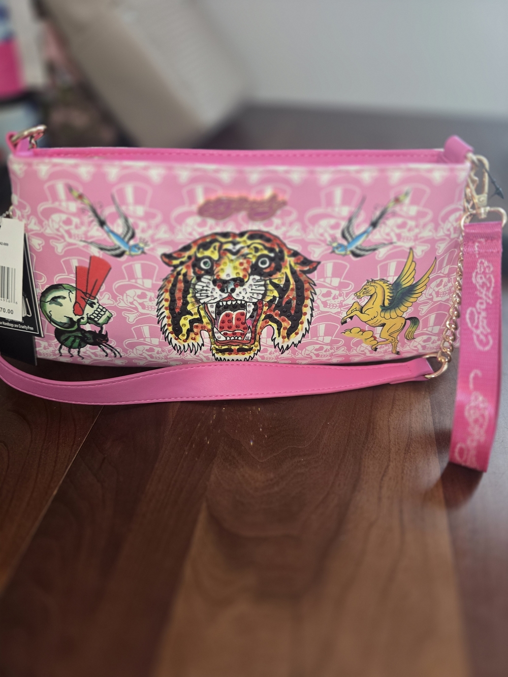 Ed Hardy NWT Playful Pink 💖 Skull & Tattoo Print Crossbody Bag with Tiger